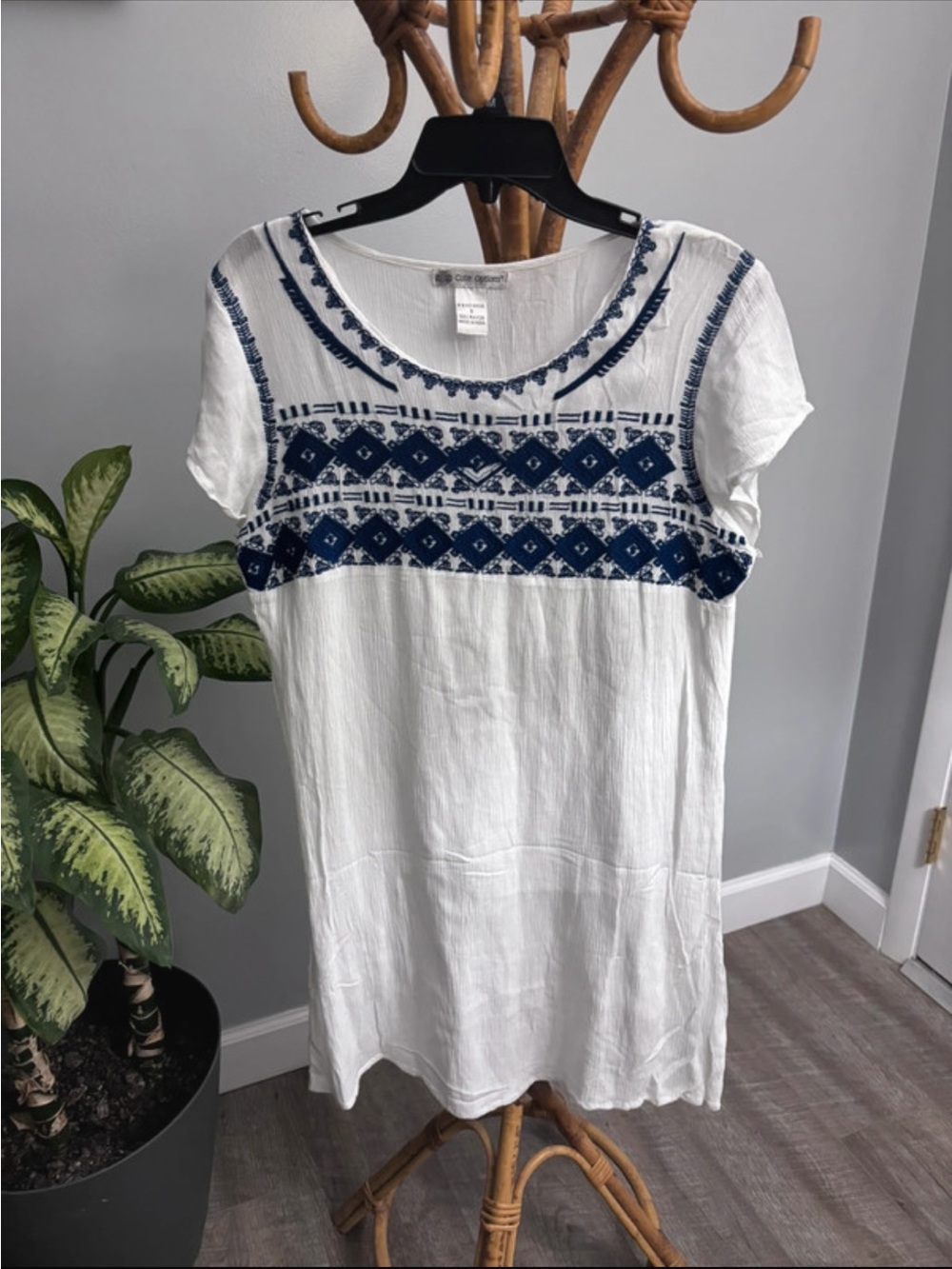 Embroidered White Dress with Navy Yoke - Lightweight Short Sleeve